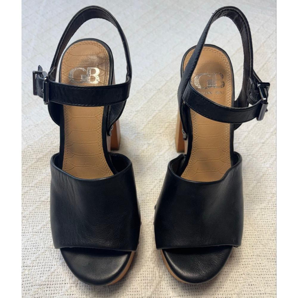 Black Leather Platform Sandals with Wooden Heel - Picture 2 of 9